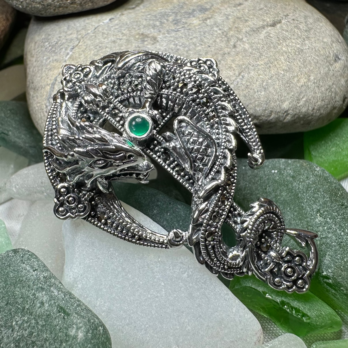 Zyrinx Marcasite Dragon Brooch in Sterling Silver