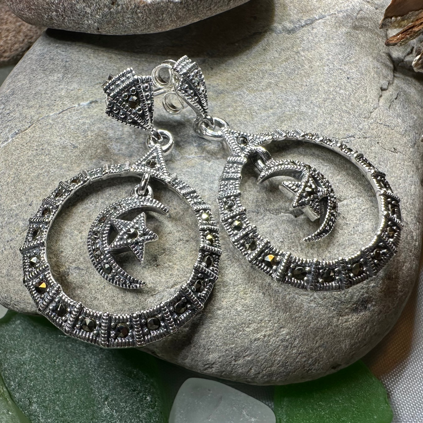 Crescent Moon Marcasite Earrings in sterling silver
