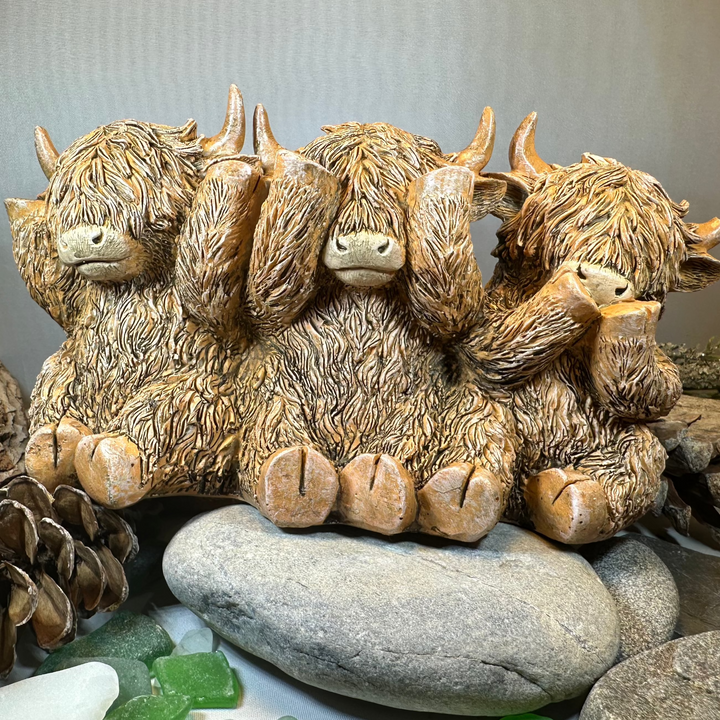 Three Wise Highland Cows Figurine