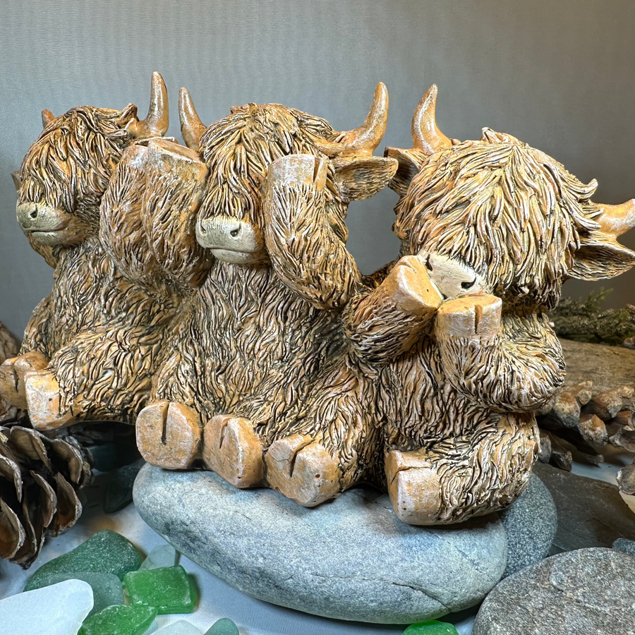 Three Wise Highland Cows Figurine