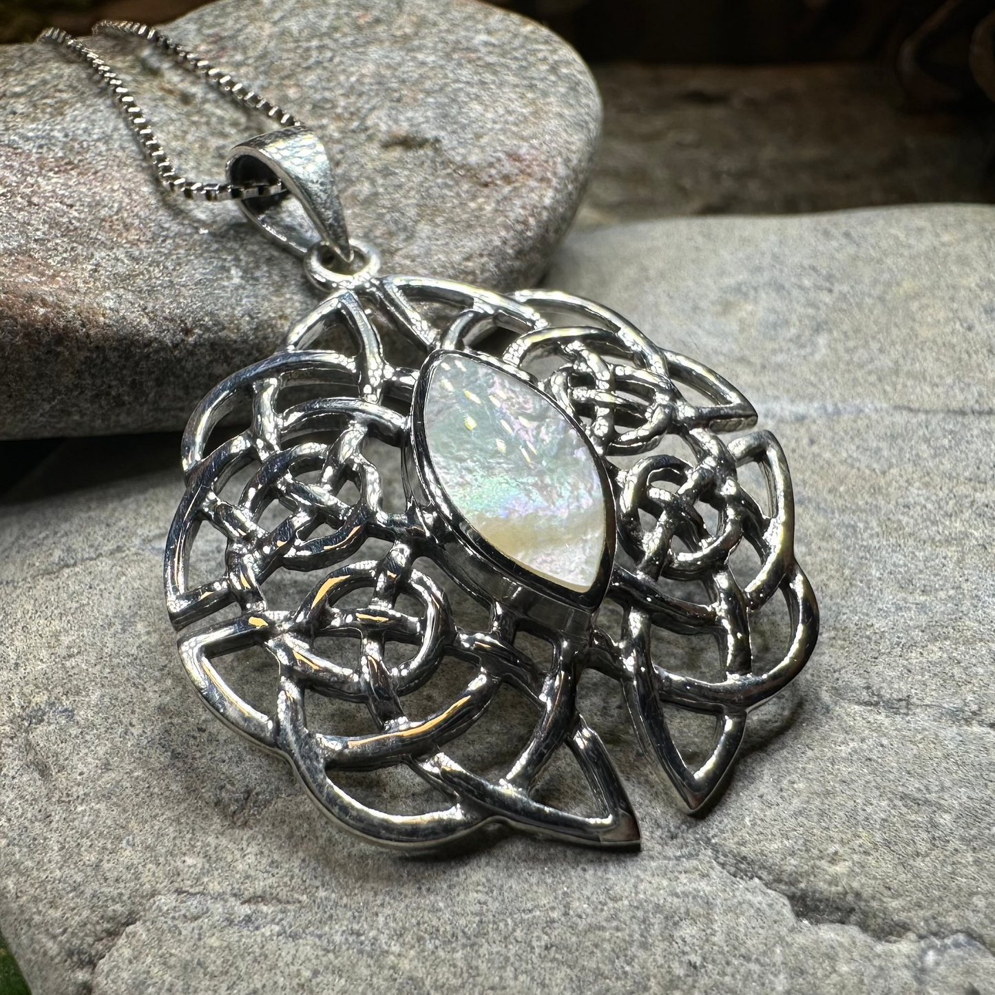 Cassandra Celtic Knot Mother of Pearl Necklace in Sterling Silver — view 8