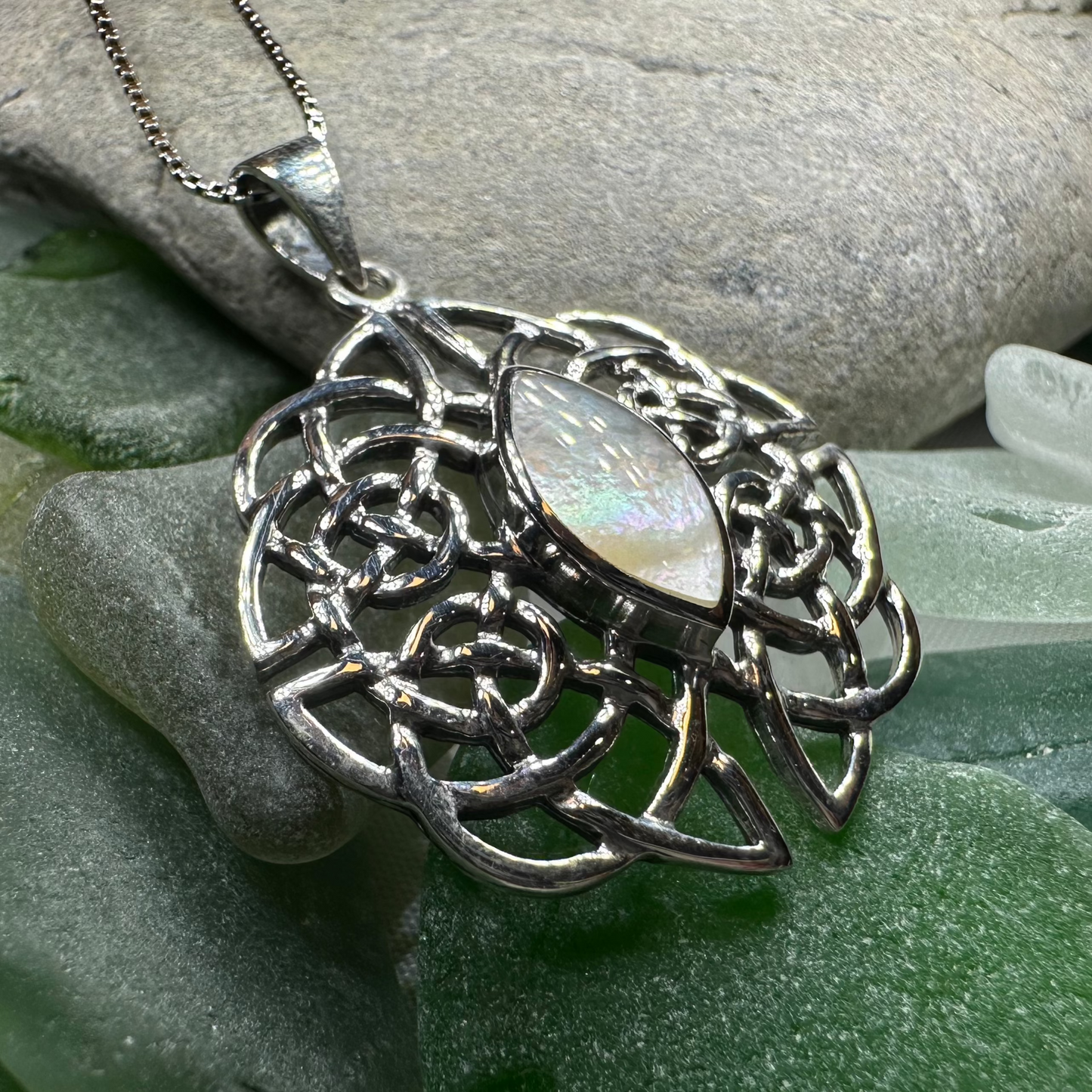 Cassandra Celtic Knot Mother of Pearl Necklace in Sterling Silver — view 4