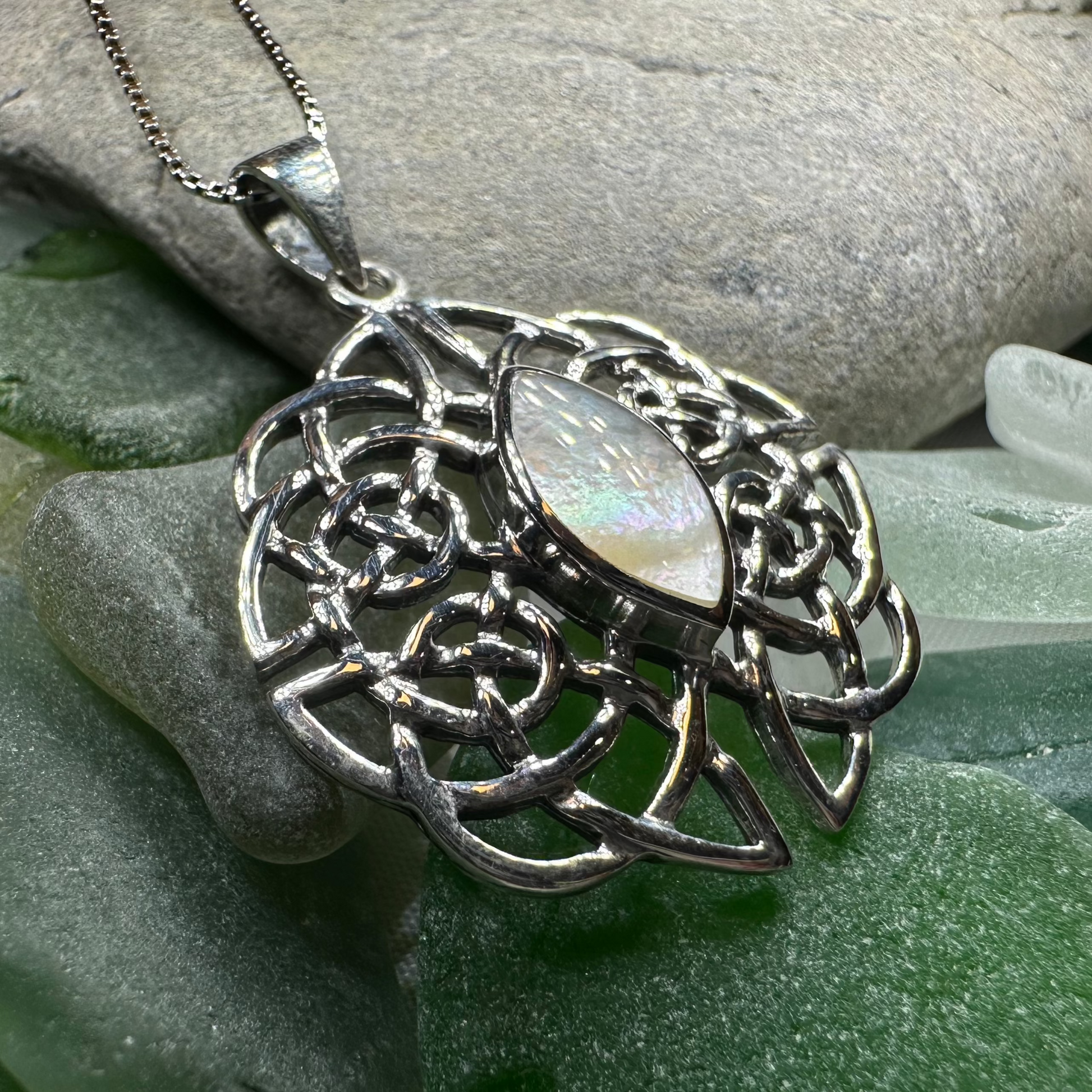 Cassandra Celtic Knot Mother of Pearl Necklace in Sterling Silver — view 4