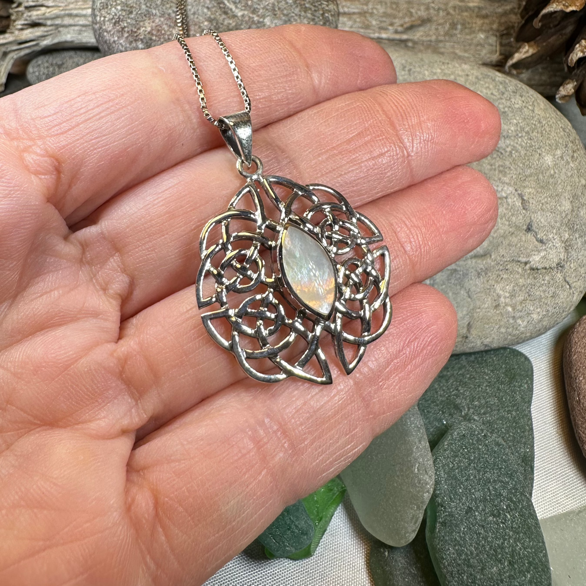 Cassandra Celtic Knot Mother of Pearl Necklace in Sterling Silver — view 6
