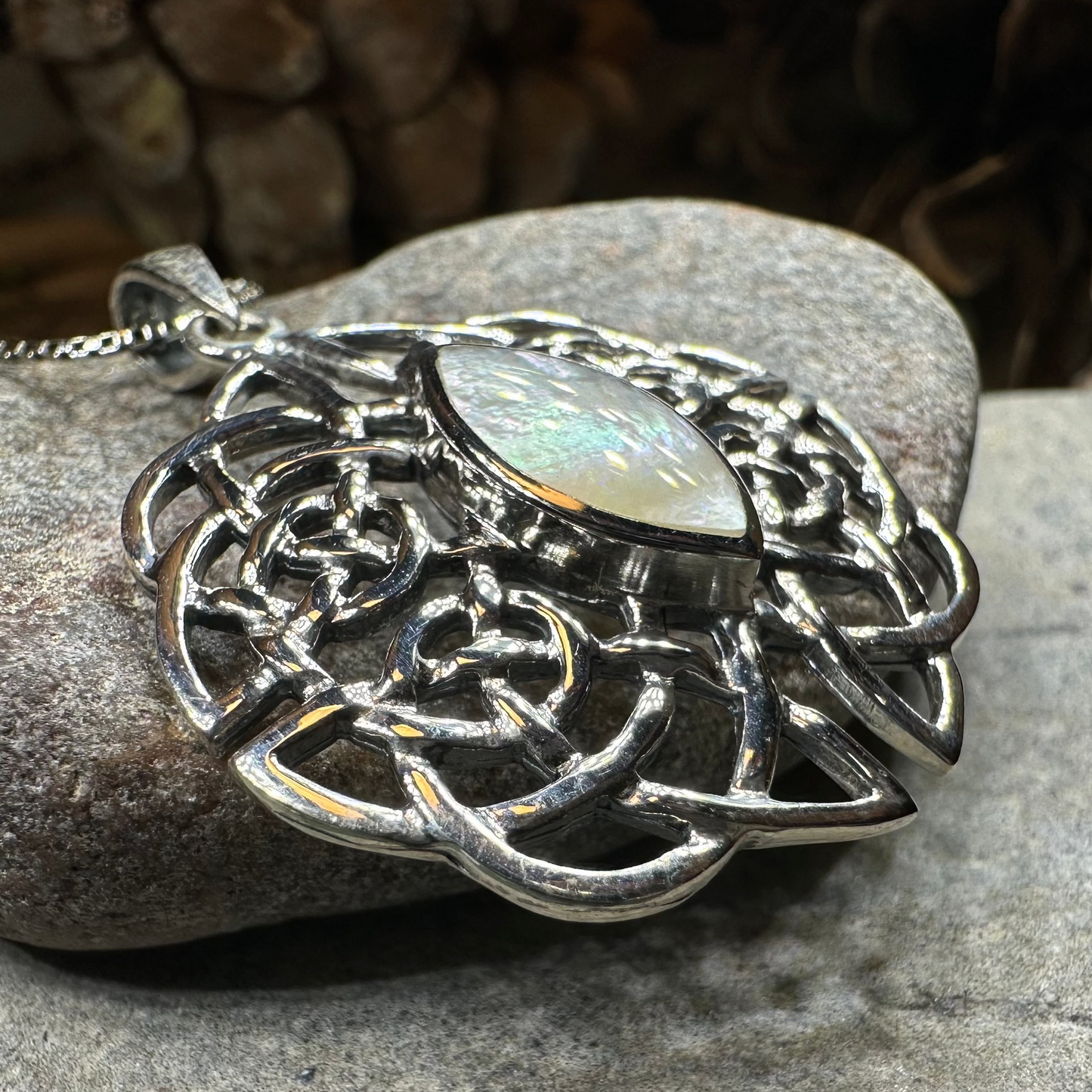 Cassandra Celtic Knot Mother of Pearl Necklace in Sterling Silver — view 5