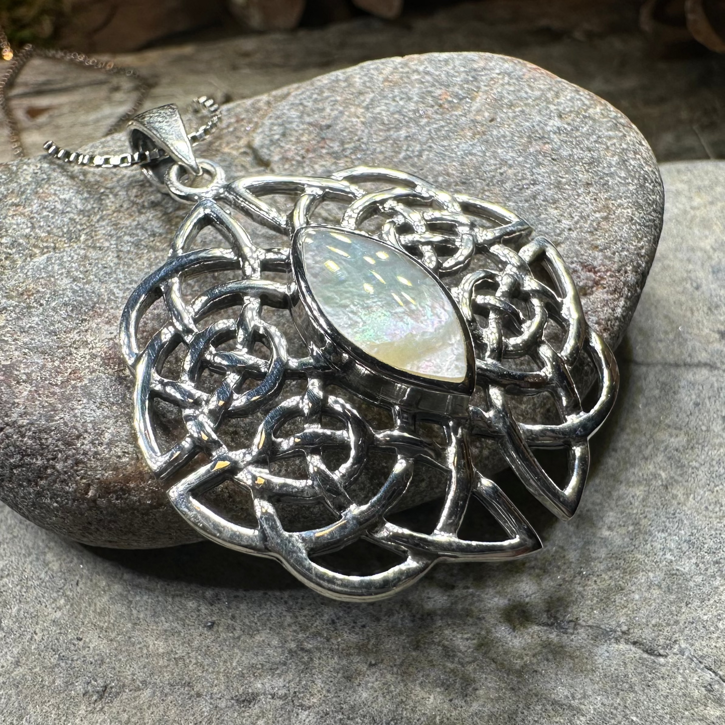 Cassandra Celtic Knot Mother of Pearl Necklace in Sterling Silver — view 3