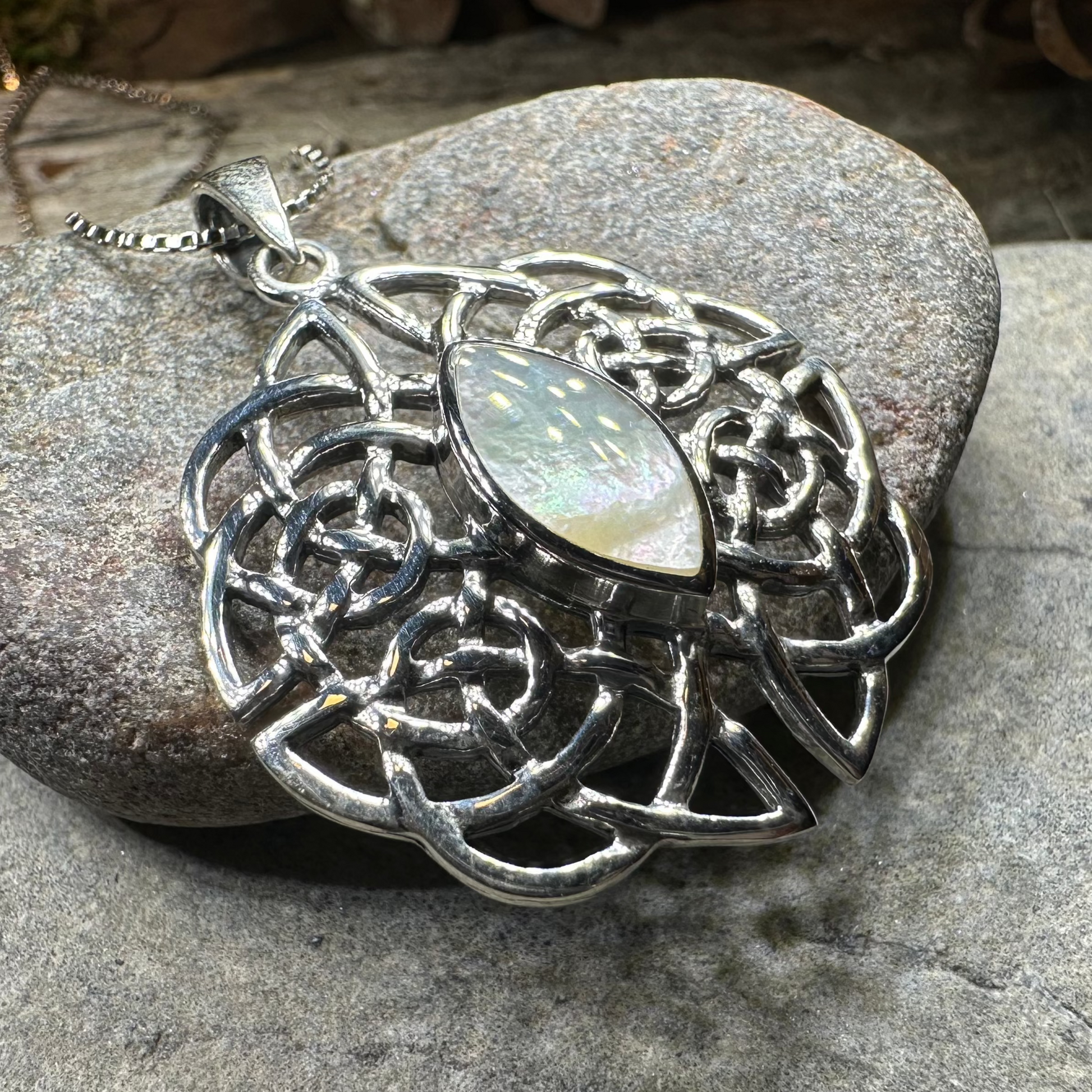 Cassandra Celtic Knot Mother of Pearl Necklace in Sterling Silver — view 3