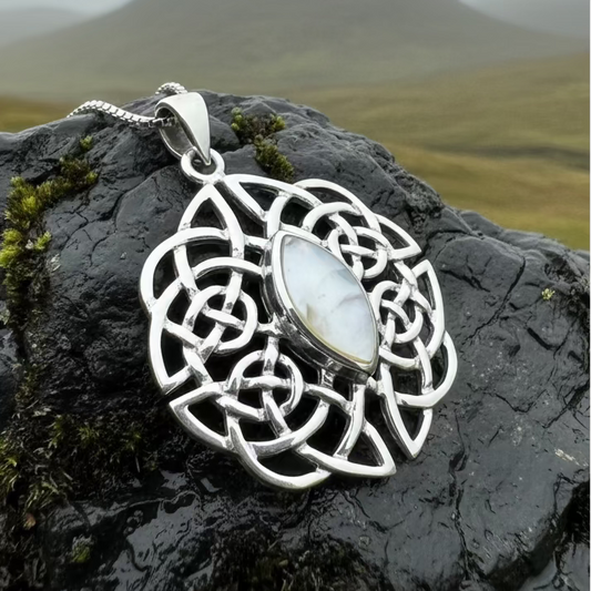 Cassandra Celtic Knot Mother of Pearl Necklace in Sterling Silver