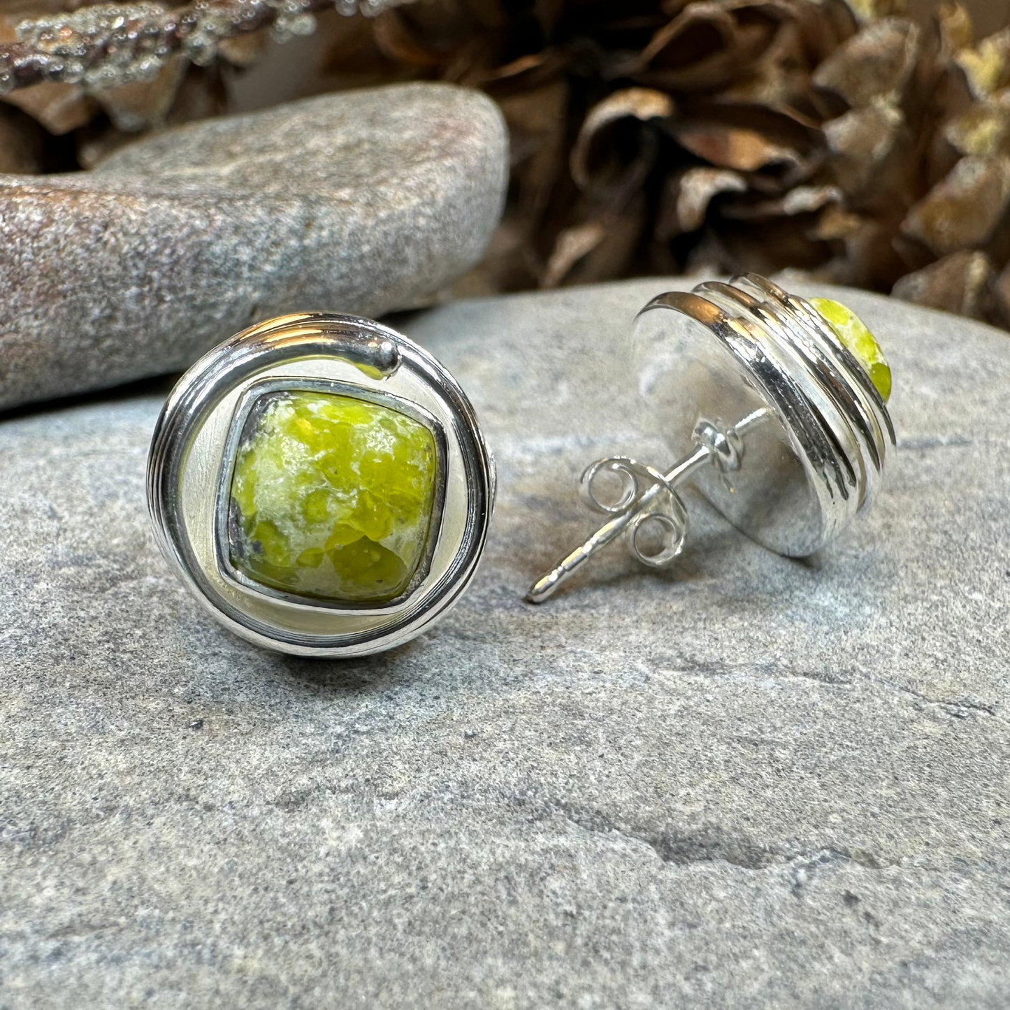 Irish Connemara Marble Celtic Spiral Post Earrings in Sterling Silver