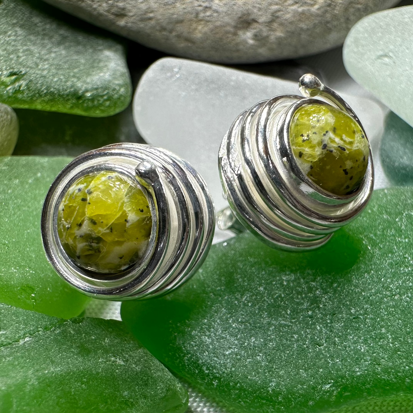 Irish Connemara Marble Celtic Spiral Post Earrings in Sterling Silver