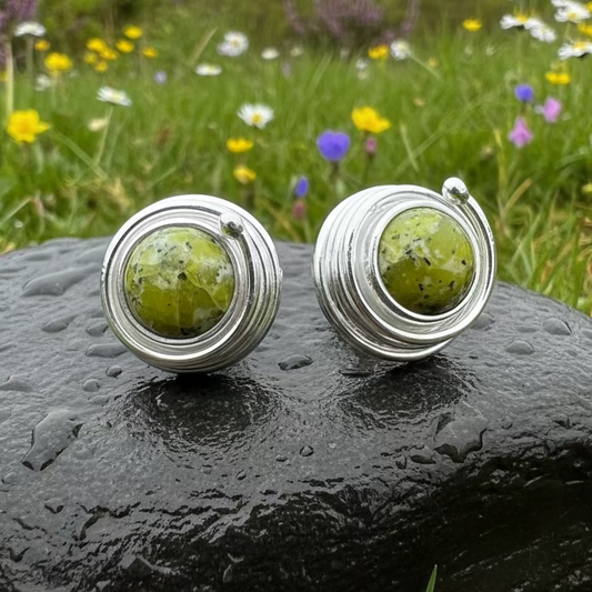 Irish Connemara Marble Celtic Spiral Post Earrings in Sterling Silver