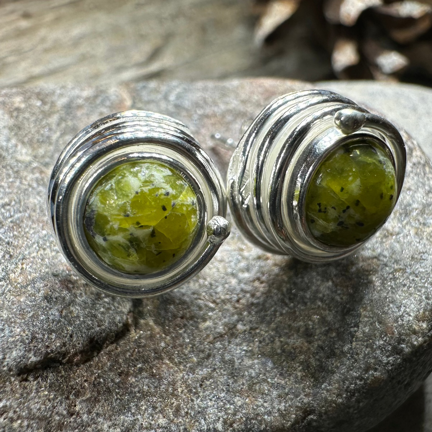 Irish Connemara Marble Celtic Spiral Post Earrings in Sterling Silver
