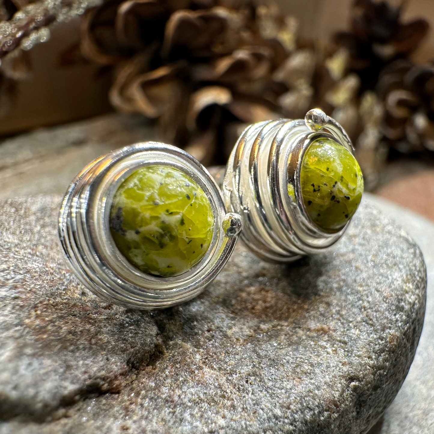 Irish Connemara Marble Celtic Spiral Post Earrings in Sterling Silver