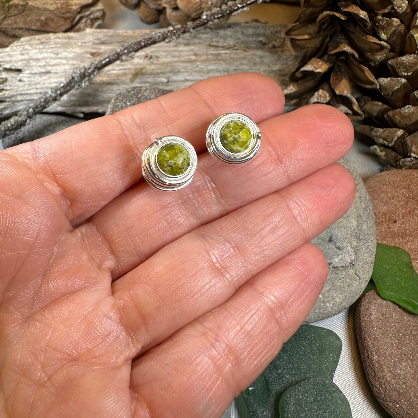 Irish Connemara Marble Celtic Spiral Post Earrings in Sterling Silver