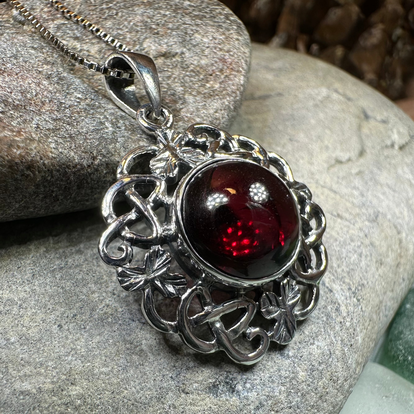 Elena Irish Shamrock Garnet Necklace in Sterling Silver — view 5