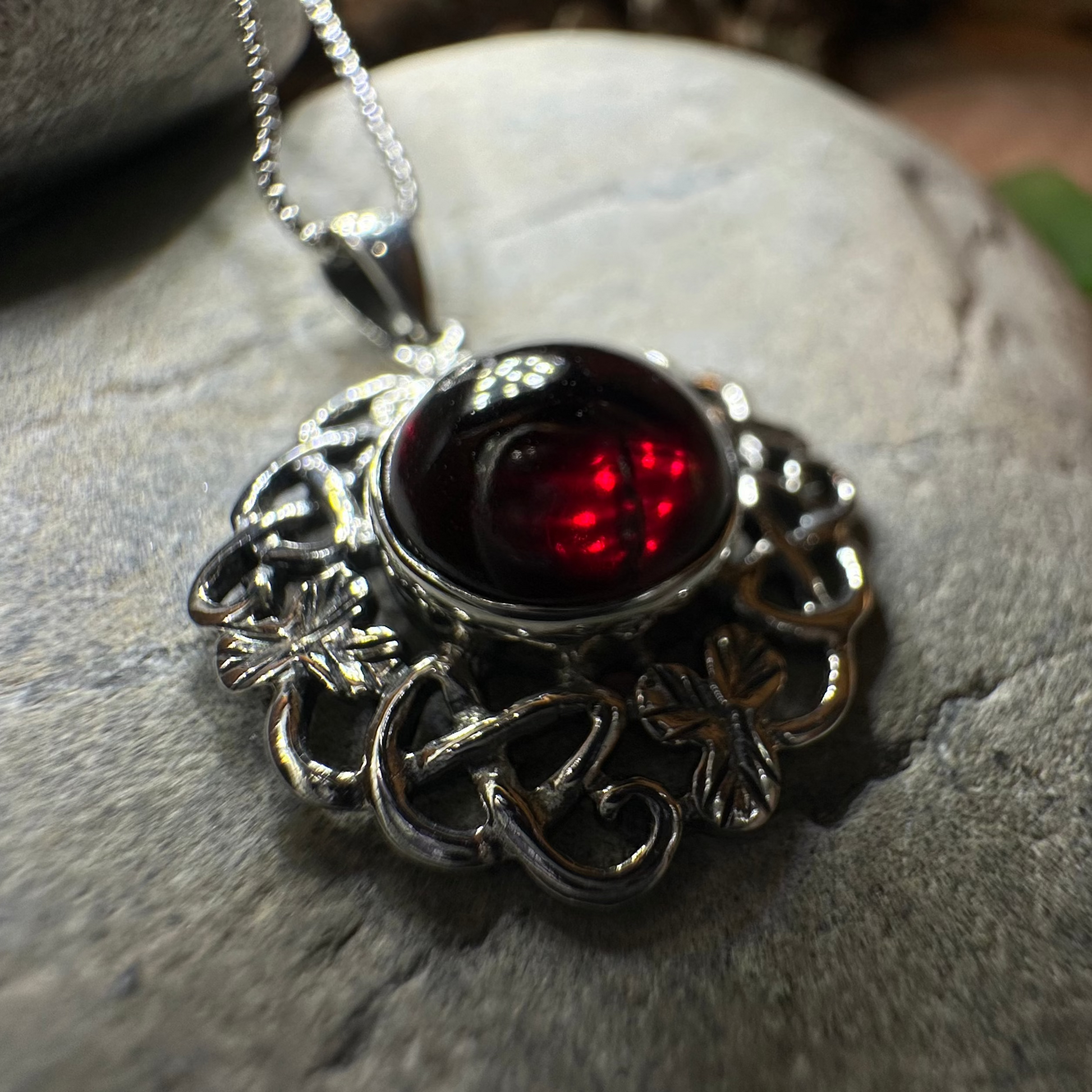 Elena Irish Shamrock Garnet Necklace in Sterling Silver — view 3