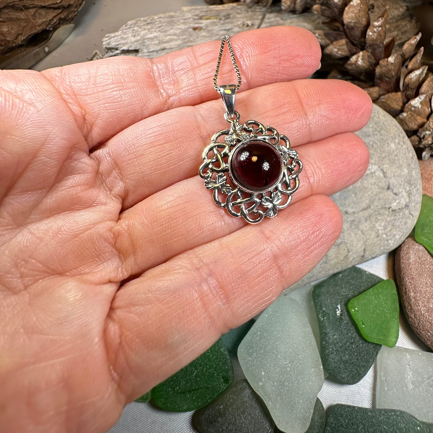 Elena Irish Shamrock Garnet Necklace in Sterling Silver — view 6