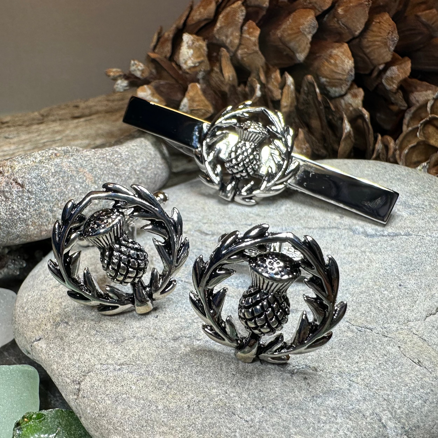 Classic Scottish Thistle Tie Bar & Cufflink Set — view 6