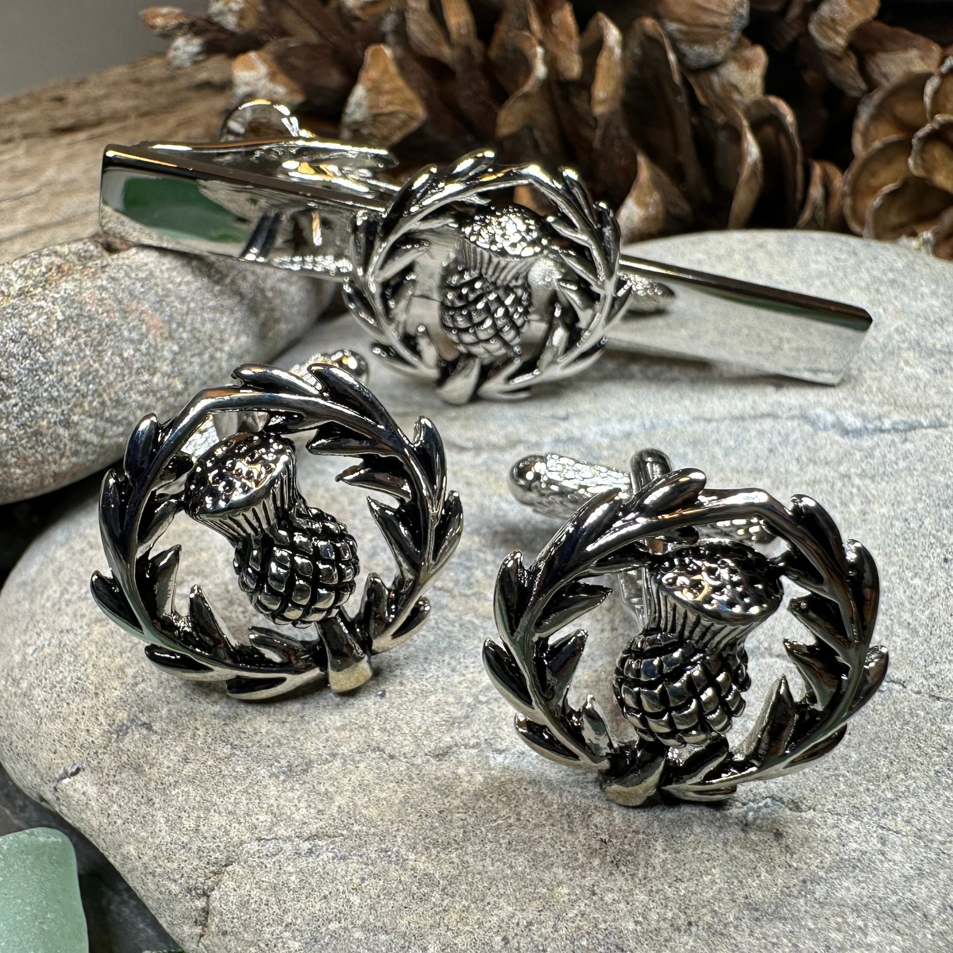 Classic Scottish Thistle Tie Bar & Cufflink Set — view 5