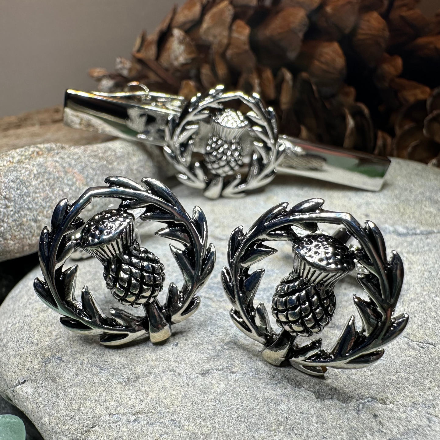 Classic Scottish Thistle Tie Bar & Cufflink Set in pewter