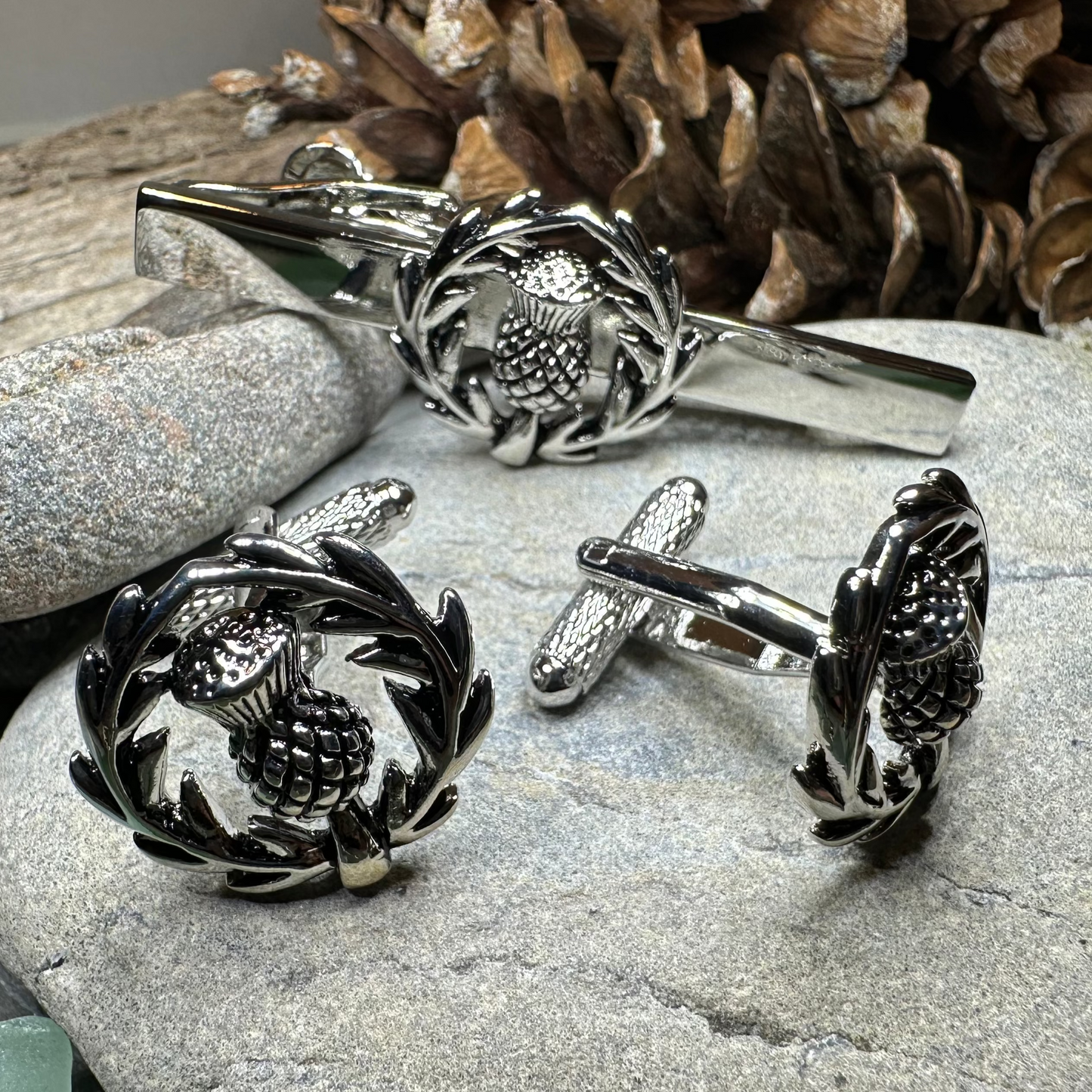 Classic Scottish Thistle Tie Bar & Cufflink Set — view 3