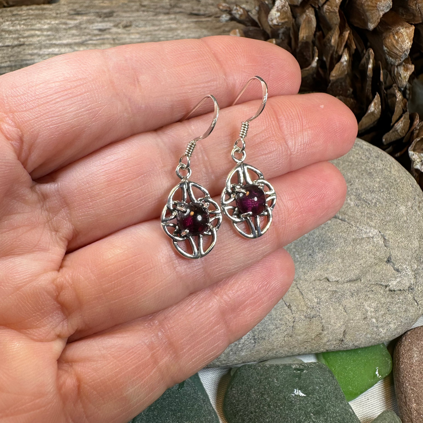 Charis Celtic Knot Garnet Earrings in Sterling Silver — view 5