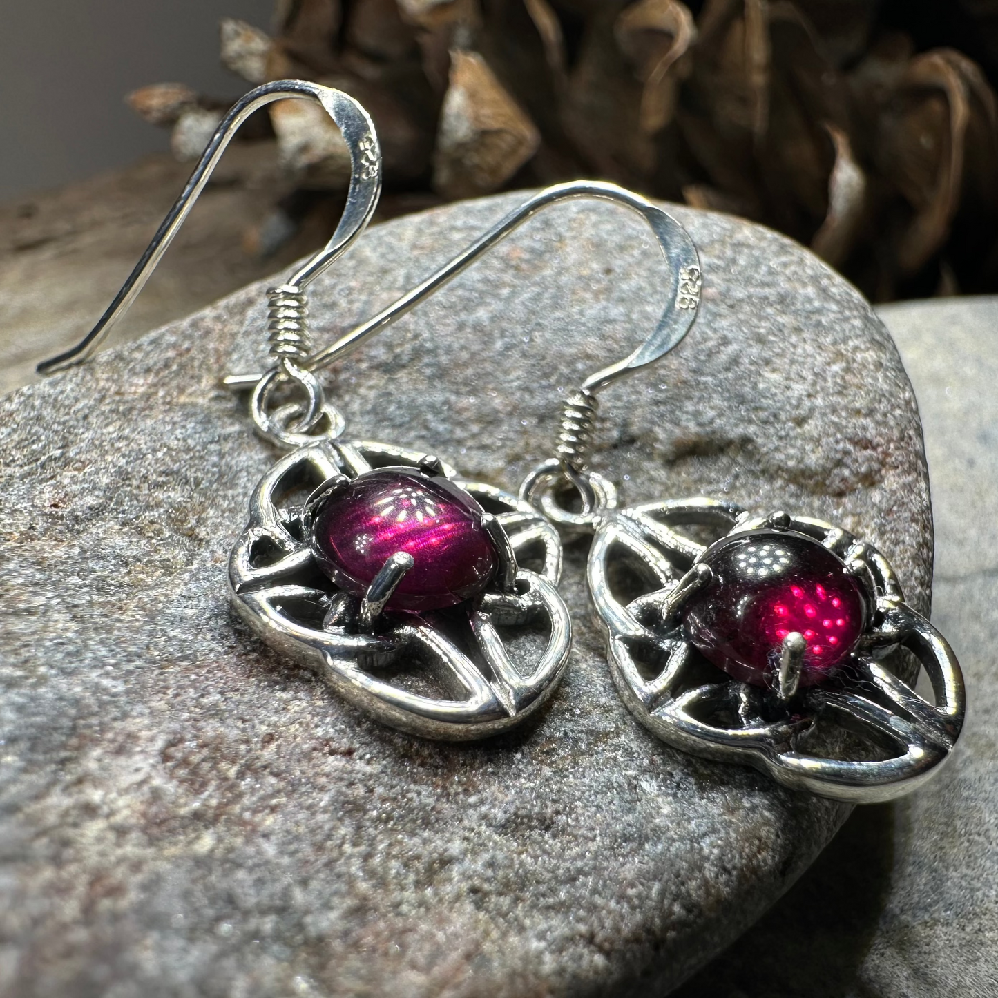 Charis Celtic Knot Garnet Earrings in Sterling Silver — view 4