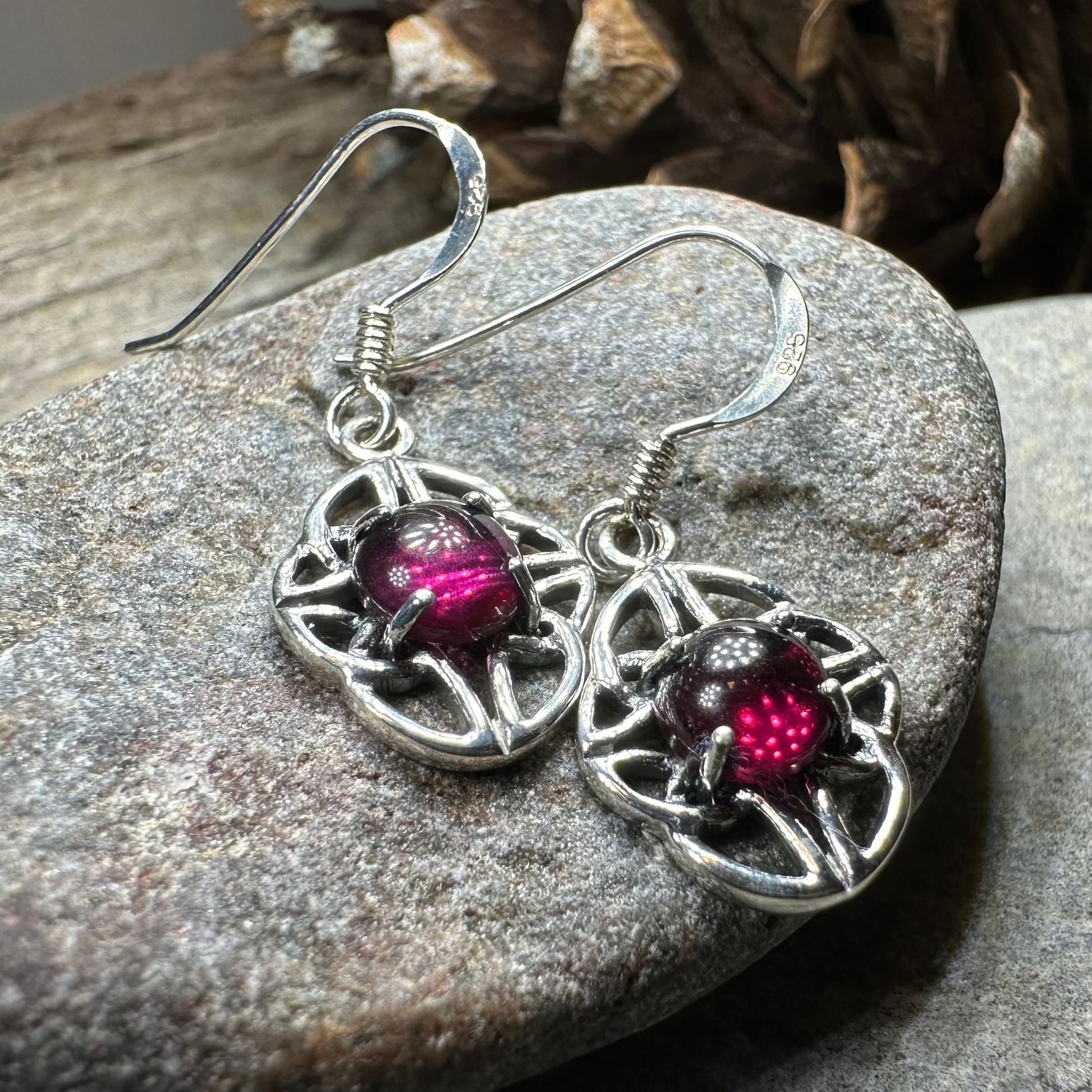 Charis Celtic Knot Garnet Earrings in Sterling Silver — view 8