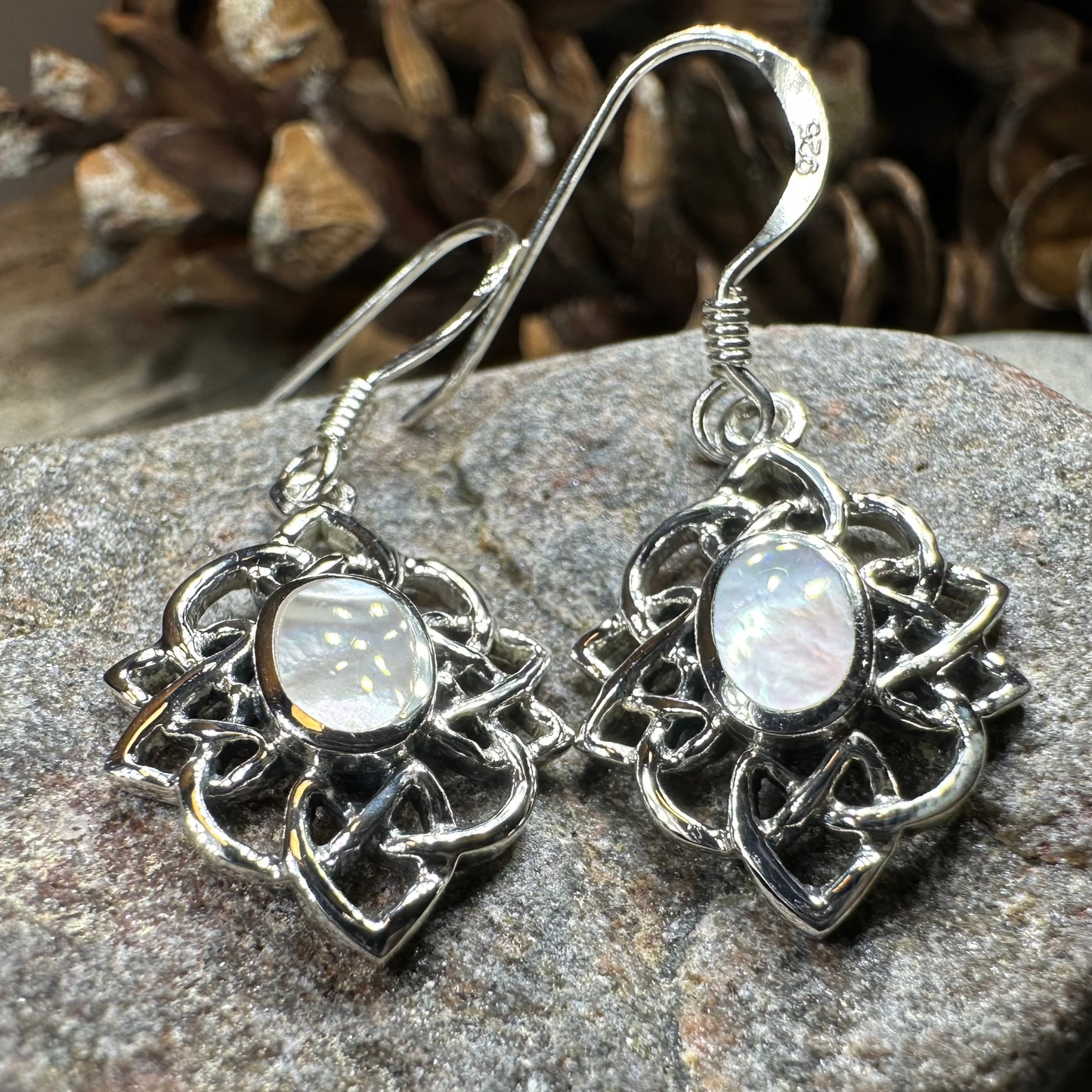 Sybil Celtic Knot Mother of Pearl Earrings in Sterling Silver — view 3
