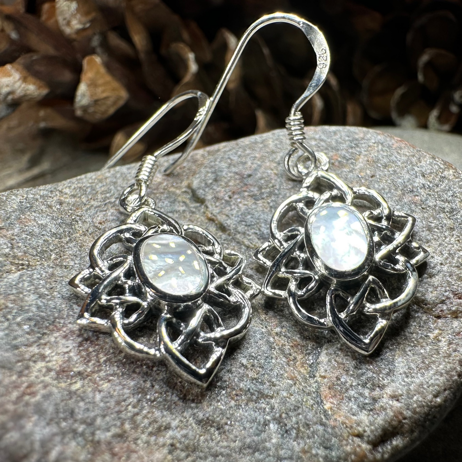 Sybil Celtic Knot Mother of Pearl Earrings in Sterling Silver — view 4