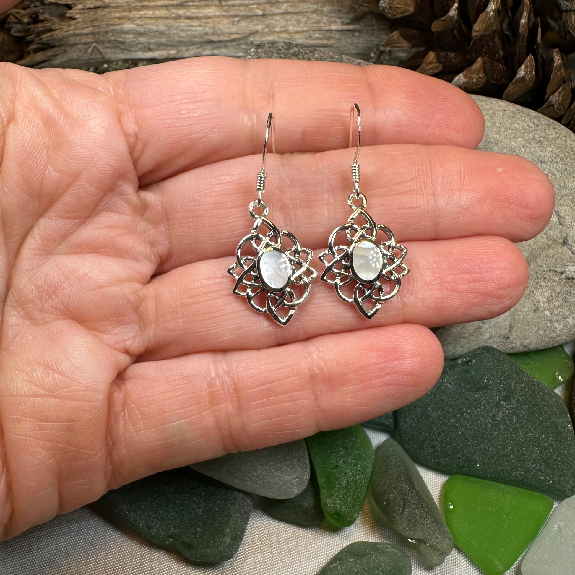 Sybil Celtic Knot Mother of Pearl Earrings in Sterling Silver — view 5