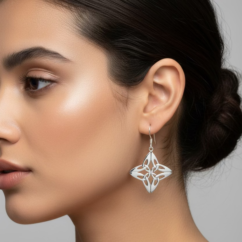 Nymah Celtic Trinity Knot Earrings in Sterling Silver — view 2