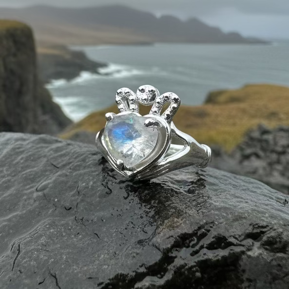 Cherish Moonstone Claddagh Ring in Sterling Silver