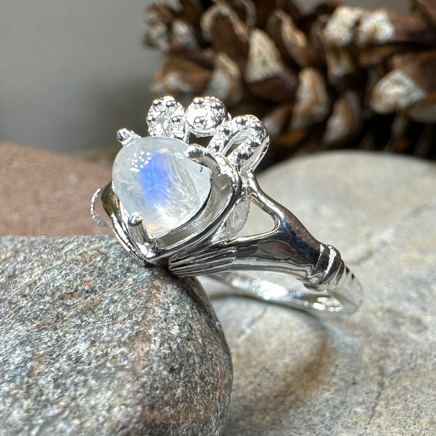 Cherish Moonstone Claddagh Ring in Sterling Silver