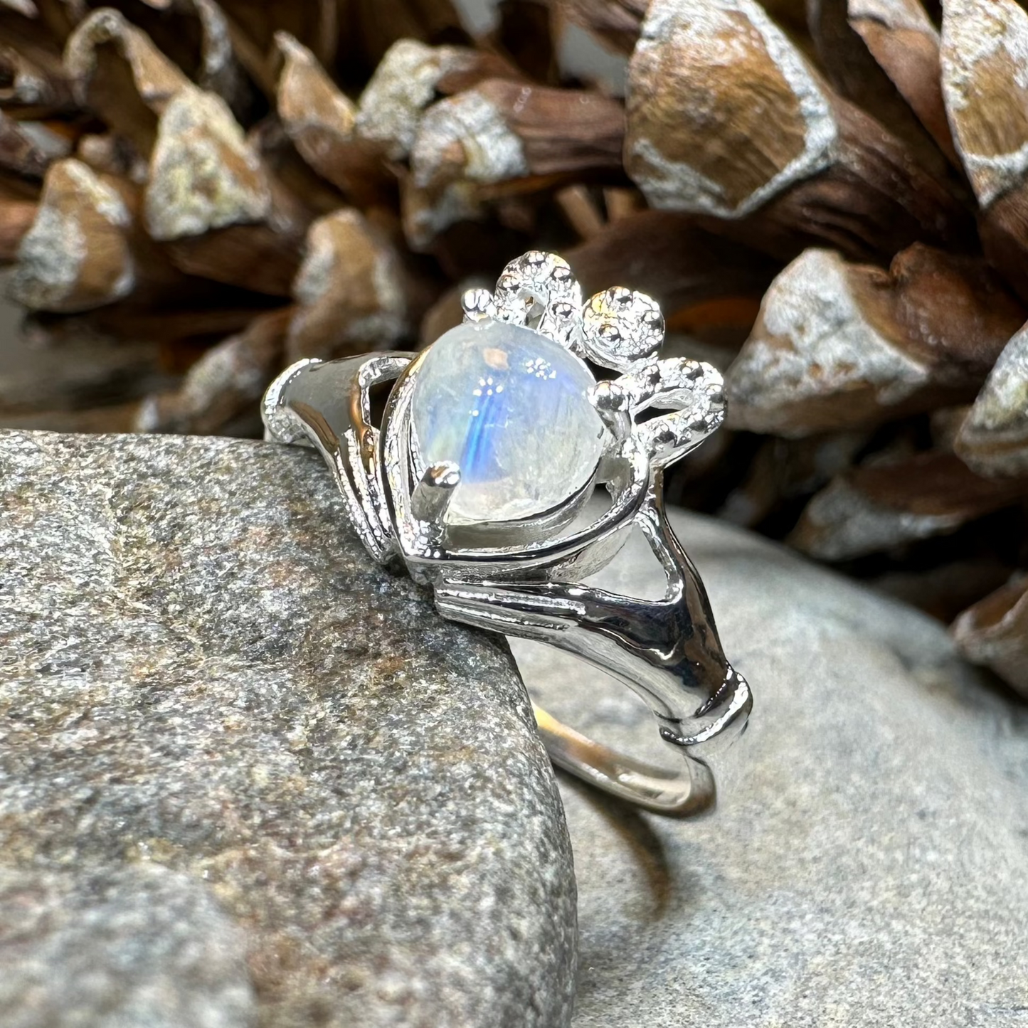Cherish Moonstone Claddagh Ring in Sterling Silver