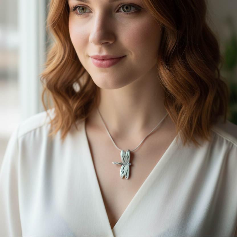 A close-up lifestyle shot of a woman with wavy auburn hair wearing a silver Celtic dragonfly pendant necklace and a white V-neck blouse.
