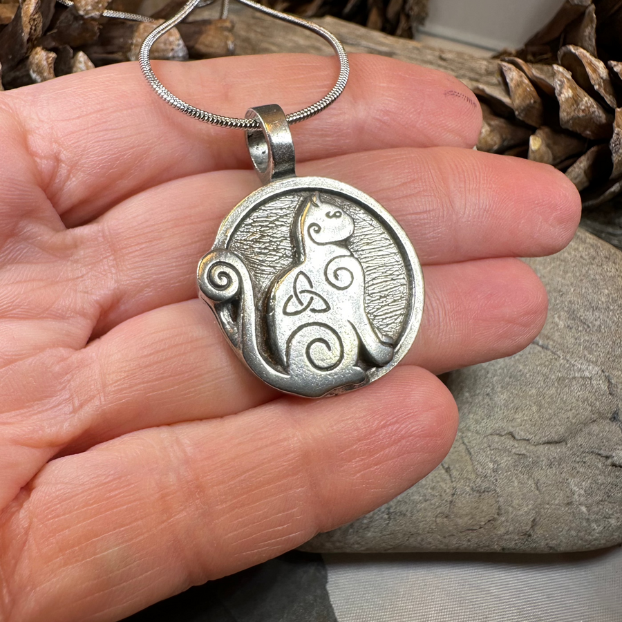 Celtic Spiral Cat Pewter Necklace
