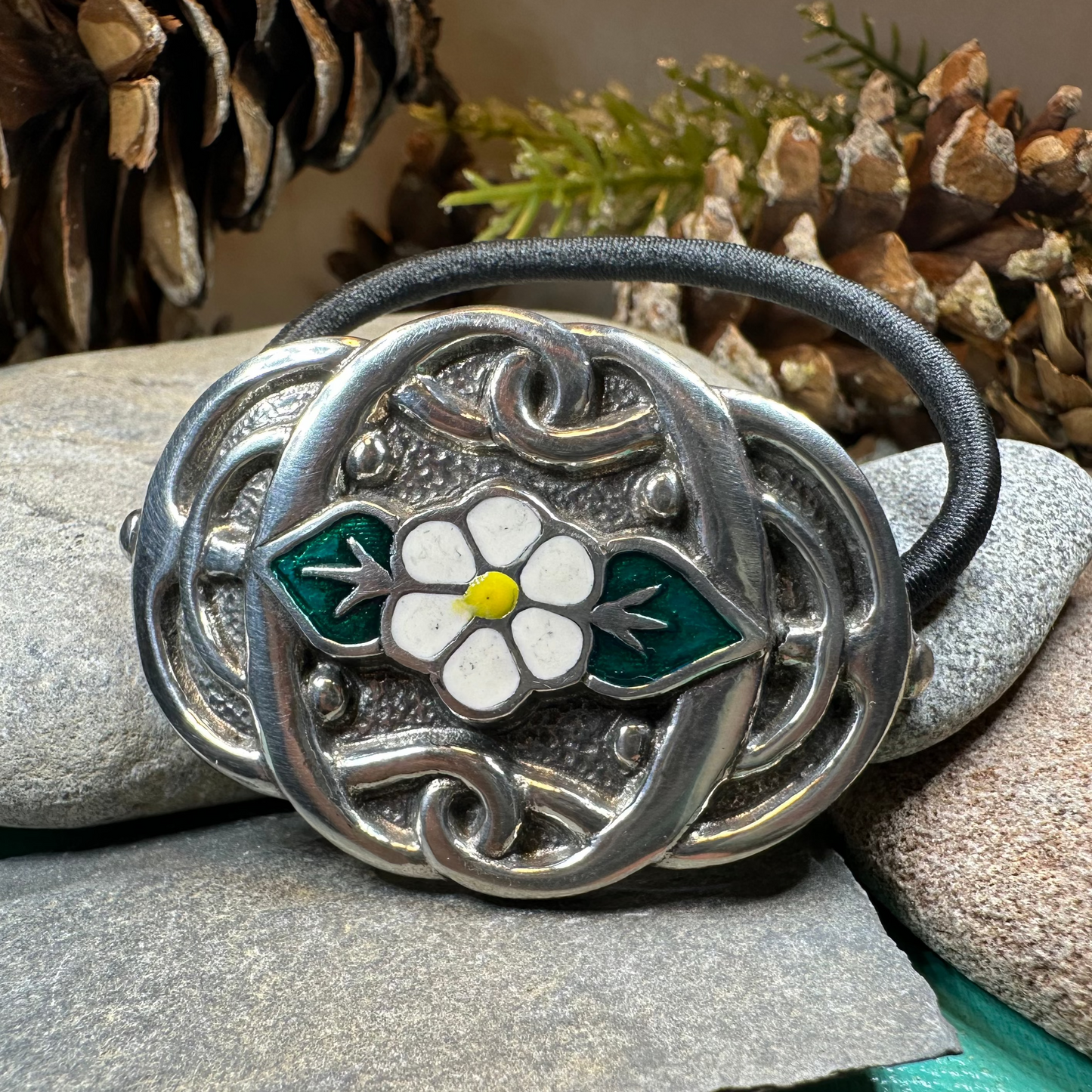 White Rose Ponytail Holder in pewter