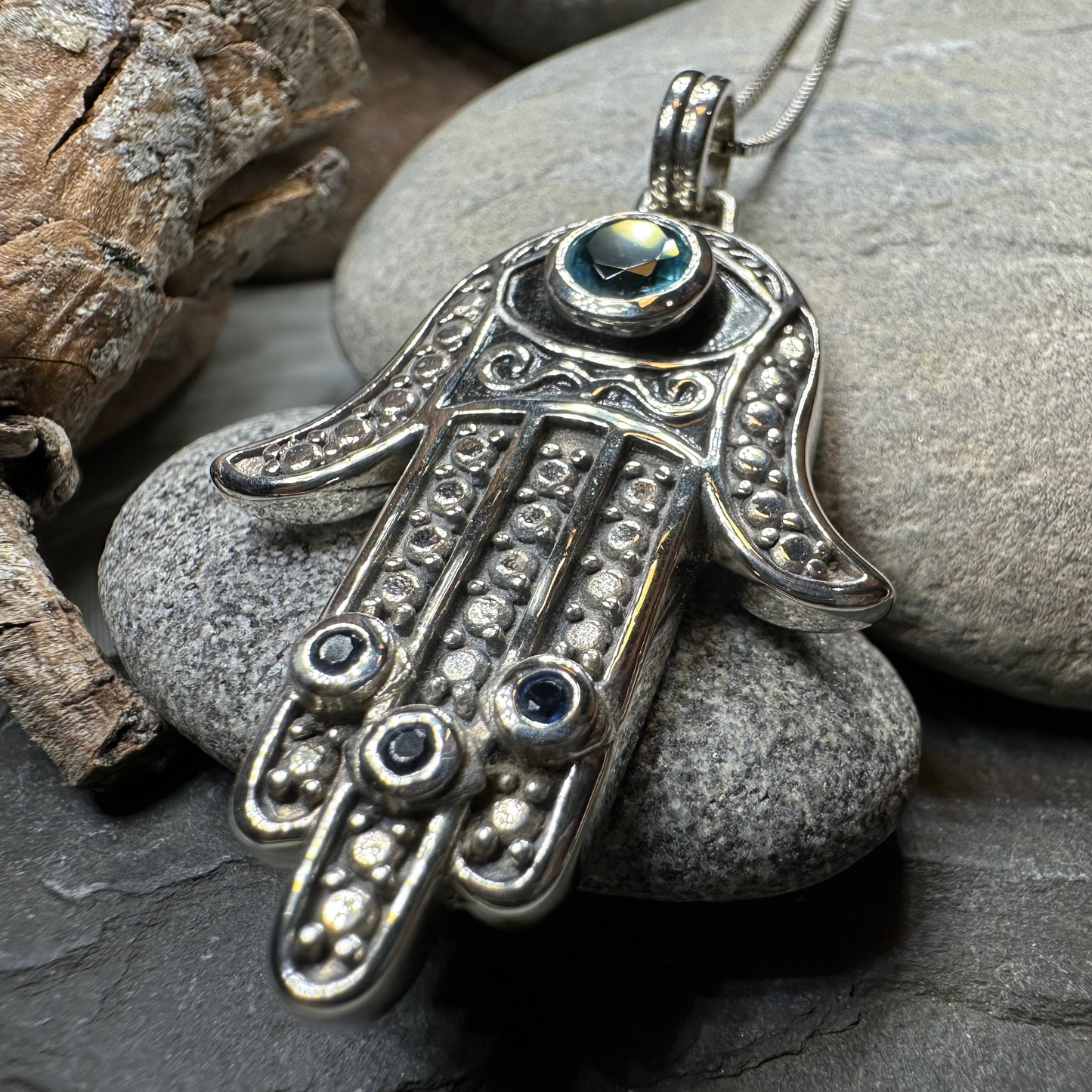 Blue Dream Hamsa Hand Necklace in Sterling Silver
