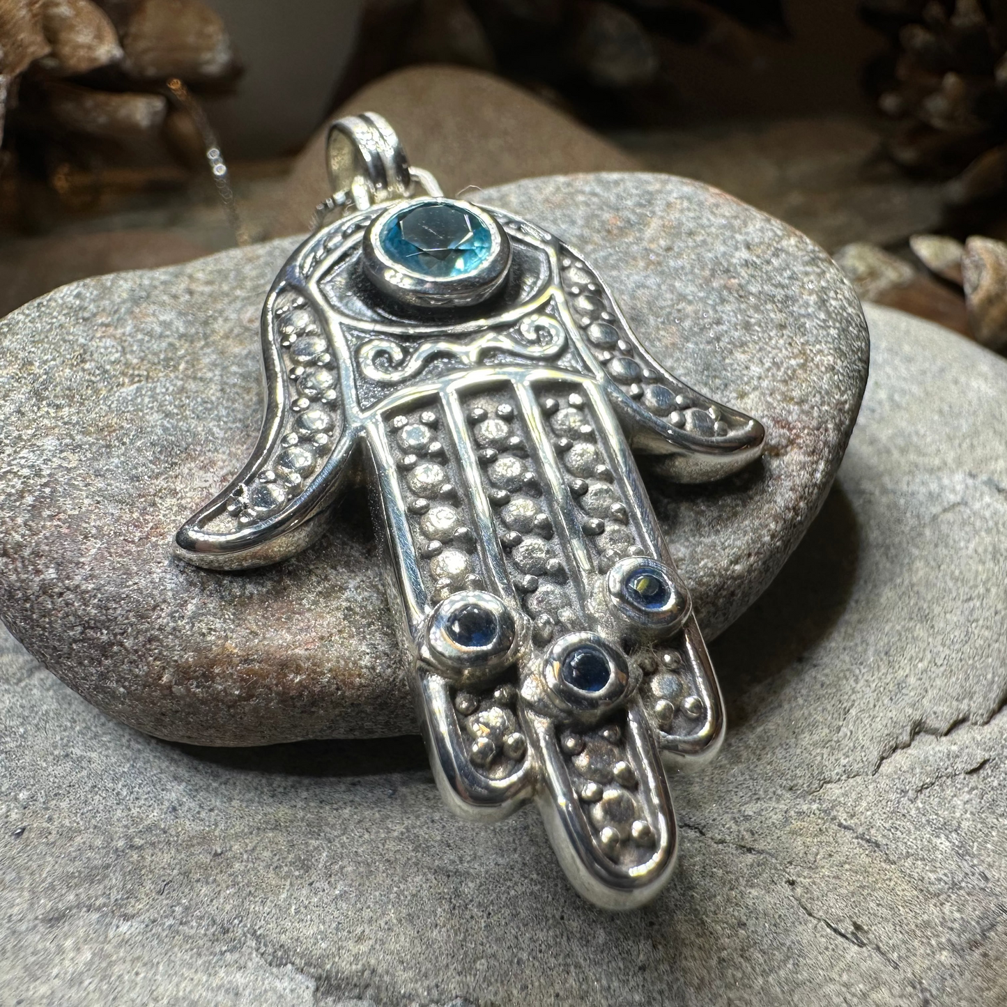 Blue Dream Hamsa Hand Necklace in Sterling Silver