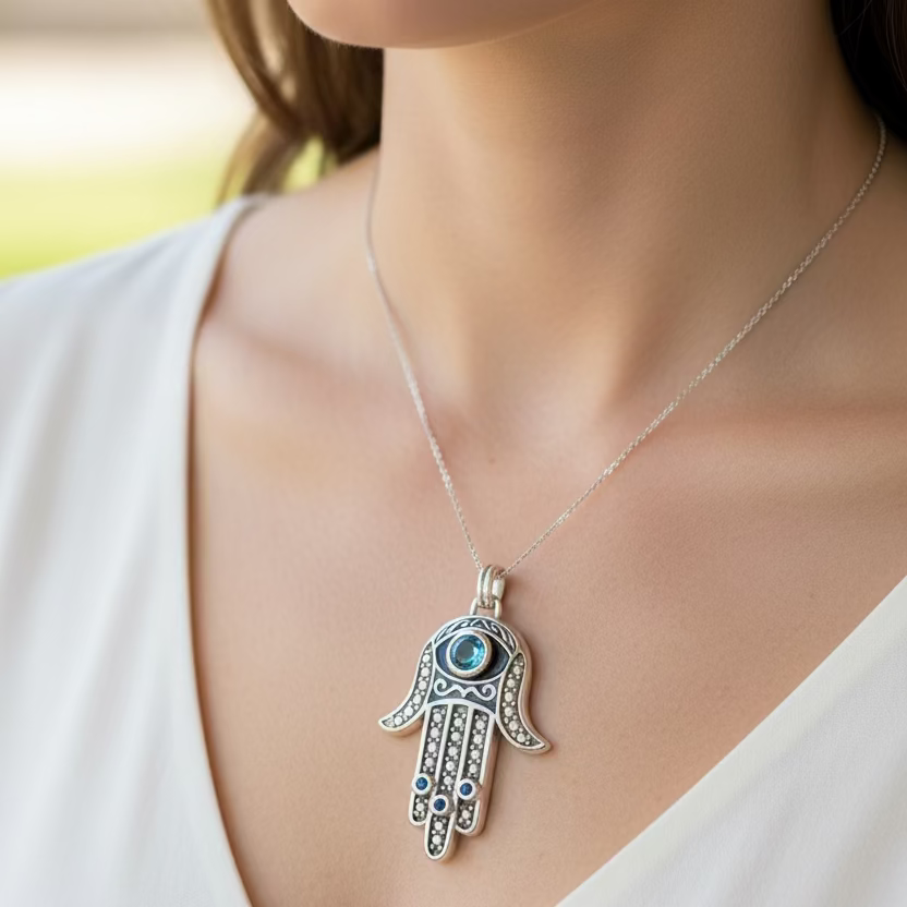 Blue Dream Hamsa Hand Necklace in Sterling Silver