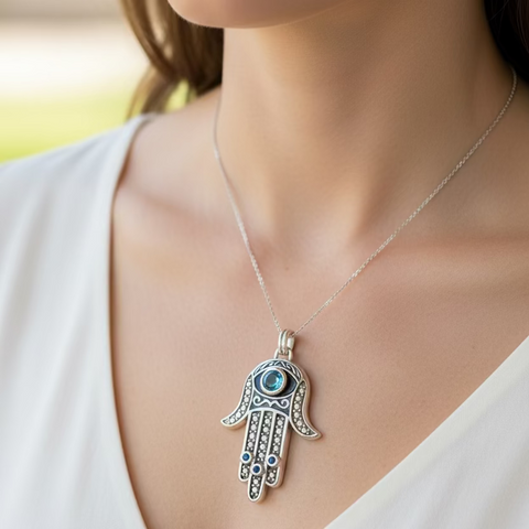 Load image into Gallery viewer, Blue Dream Hamsa Hand Necklace in Sterling Silver
