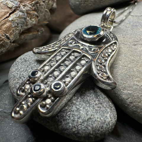Load image into Gallery viewer, Blue Dream Hamsa Hand Necklace in Sterling Silver
