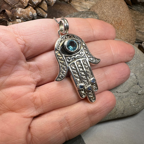Load image into Gallery viewer, Blue Dream Hamsa Hand Necklace in Sterling Silver
