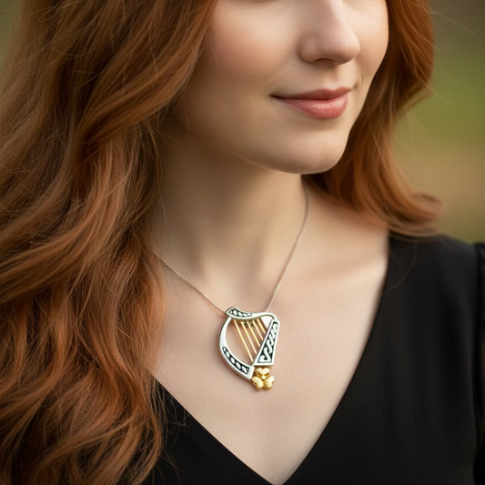 Golden Celtic Irish Harp Necklace in Sterling Silver