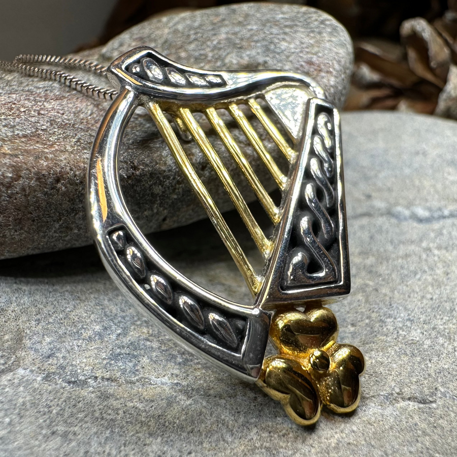 Golden Celtic Irish Harp Necklace