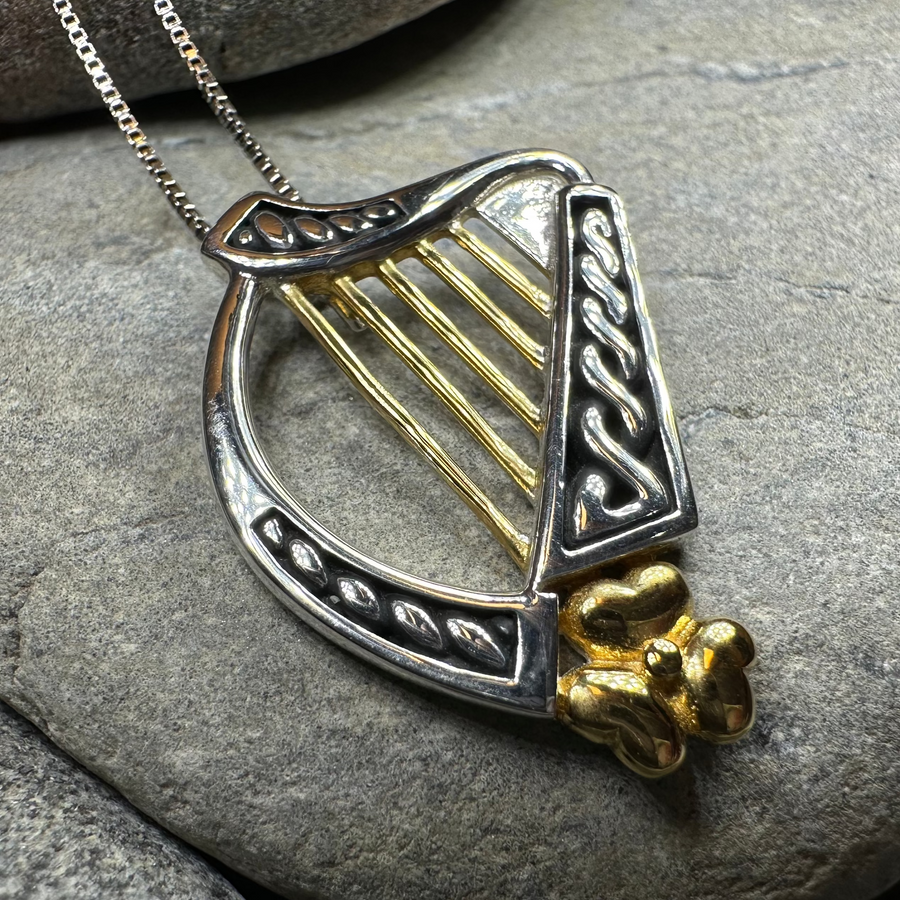 Golden Celtic Irish Harp Necklace