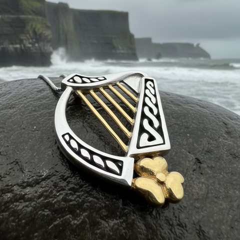 Load image into Gallery viewer, Golden Celtic Irish Harp Necklace
