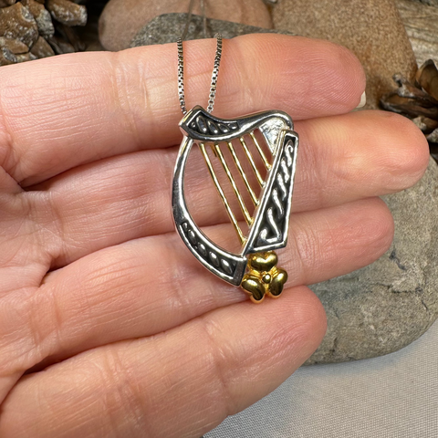 Load image into Gallery viewer, Golden Celtic Irish Harp Necklace
