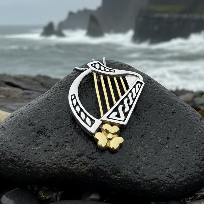 Golden Celtic Irish Harp Necklace